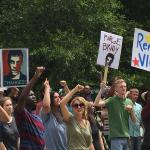 Protesters outside the court.